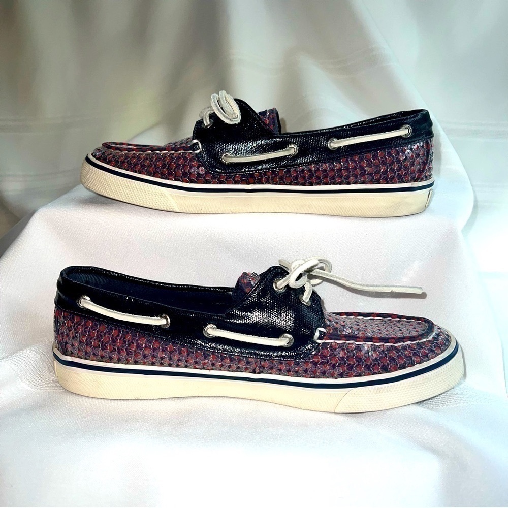 Sperry Top‎ Sider 2-eye Navy Red Polka Dots Clear Sequins Boat Shoes Sz 8 EUC - Picture 3 of 12